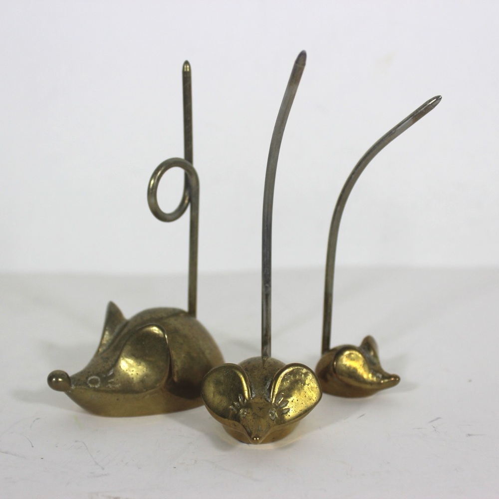 Mid Century Brass Set of 3 Mice Note Holders Vintage Office Decor, Seventies